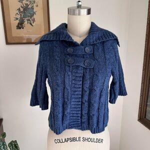 Blue cable knit button up sweater with collar, pockets double breasted cardigan